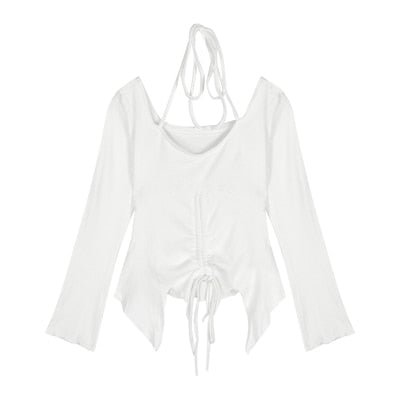 Brushed T-shirt Women's Fall/winter Design Sense Niche Halter Neck Drawstring Waist Long Sleeves Short Bottoming Shirt Tops