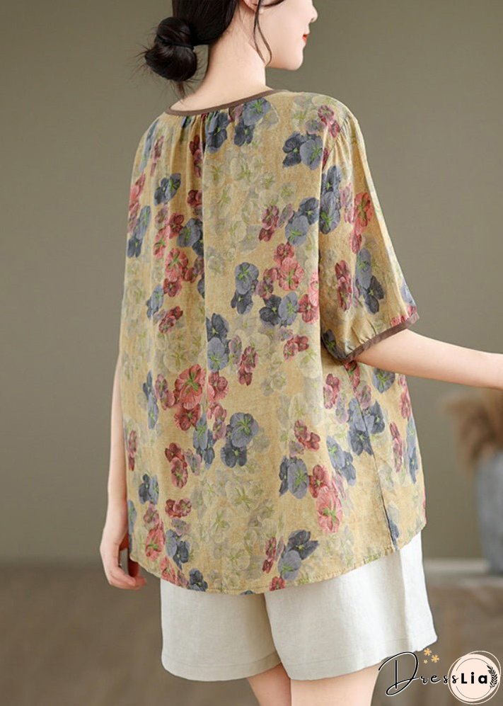 Yellow Print Loose Linen T Shirts O Neck Short Sleeve