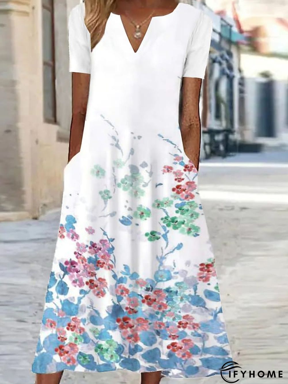 Women's Casual Dress Shift Dress Swing Dress Floral Butterfly Pocket Print V Neck Midi Dress Active Fashion Outdoor Vacation Short Sleeve Regular Fit White Blue Green Spring Summer S M L XL XXL | IFYHOME