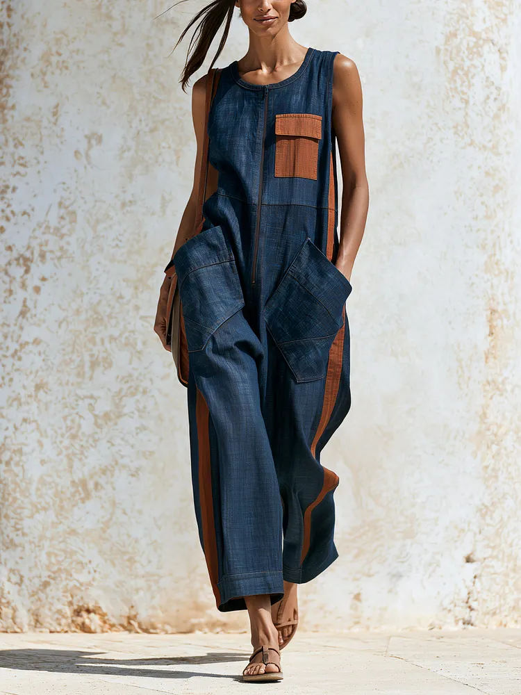 Women&rsquo;s Sleeveless Denim Jumpsuit &ndash; Wide Leg Utility Romper With Contrast Pocket Details