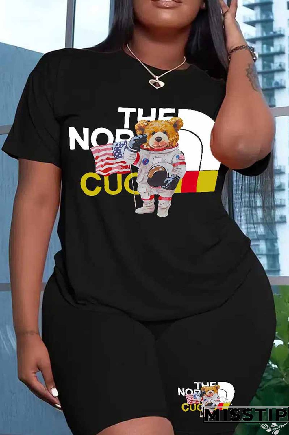 Black And White Casual Street Print Letter O Neck Plus Size Two Pieces