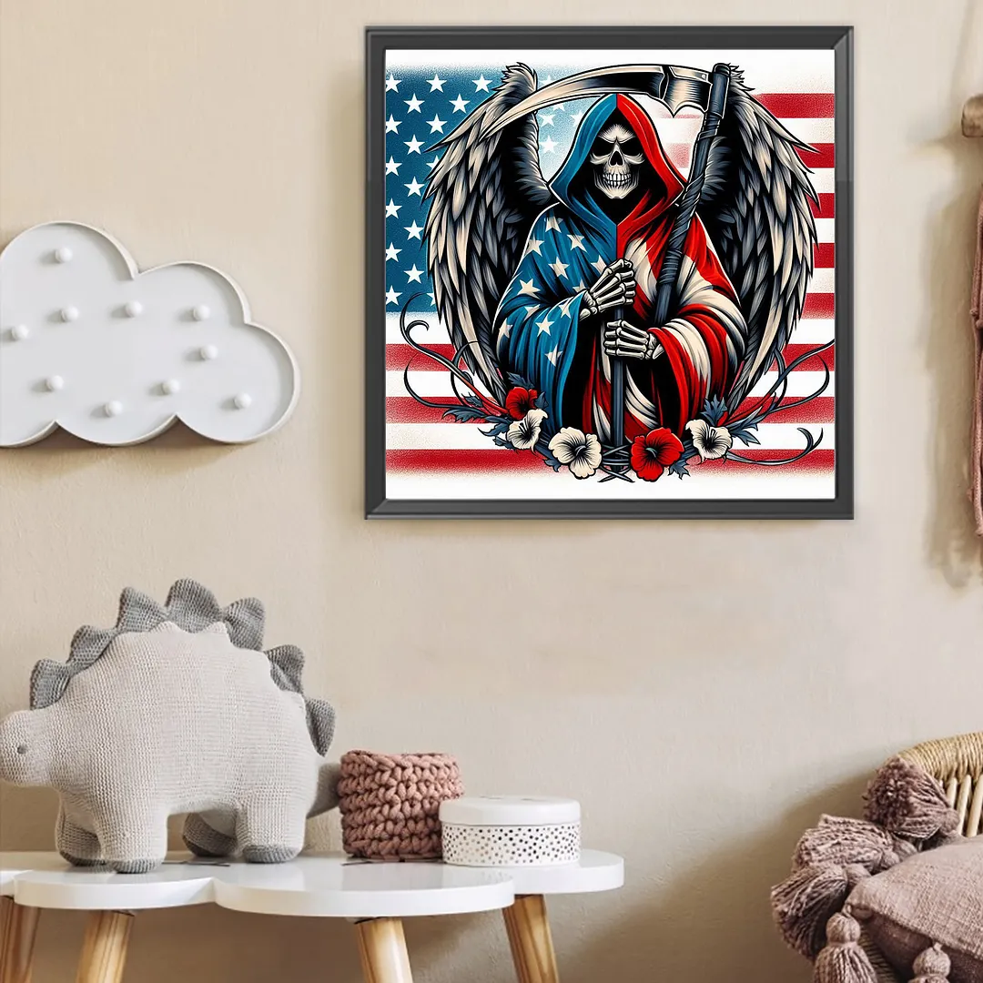 Independence Day Skull Full DIY 5D Round Drill Gem Art Diamond Painting Kits for Adults Beginner Home Wall Decoration Gift Crystal Art Paint by Diamond 40x40cm