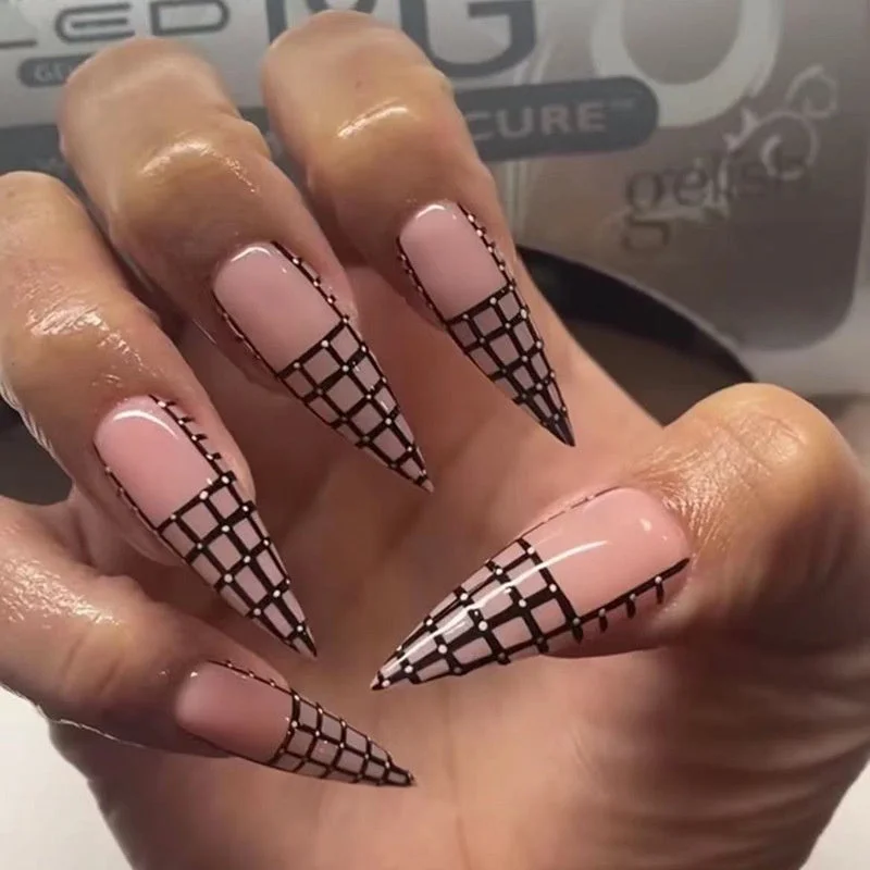 Spiked Armor Checkerboard Glitter Long-length Press On Nails With Nail Adhesives 24 pcs