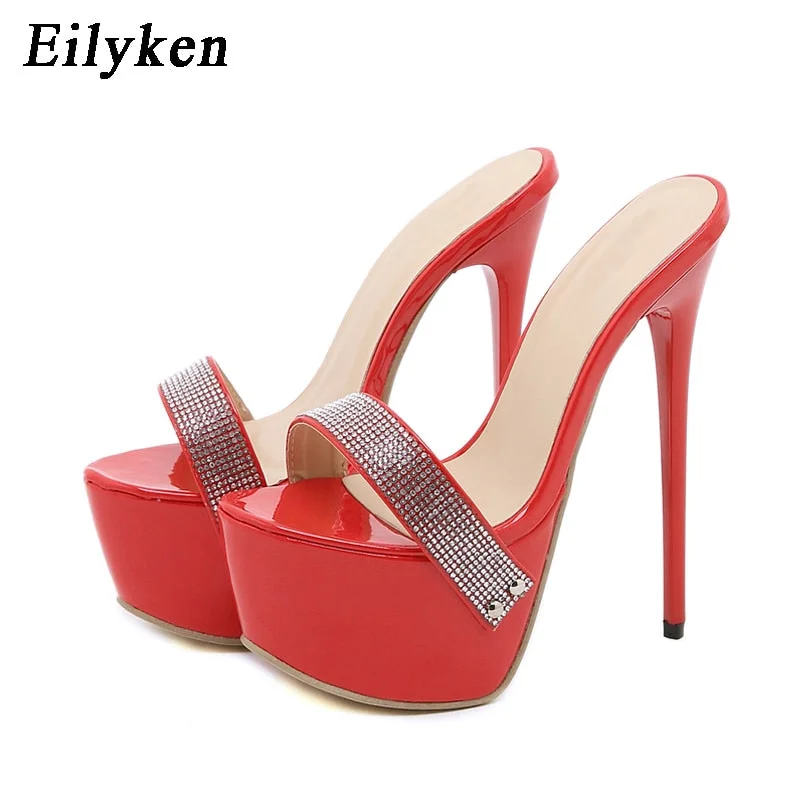 Eilyken New Fashion Crystal Rhinestone Women Platform Slippers Summer Open Toe Stiletto Heels Sandals Ladies Shoes Sliders