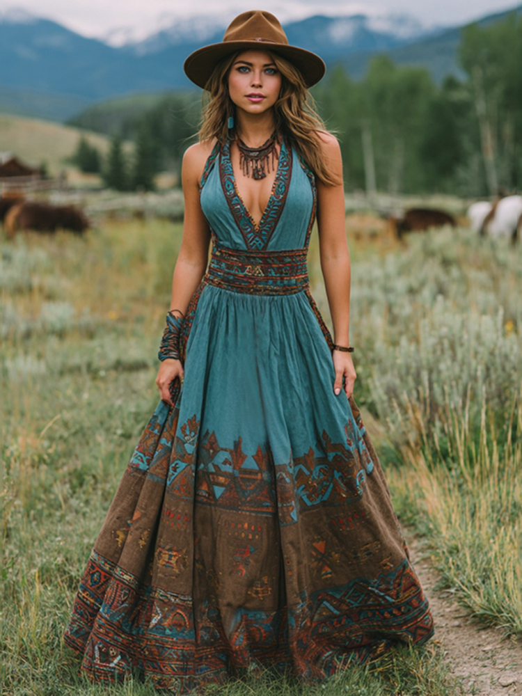 Women's Vintage Western Geometric Print V-neck Tank Maxi Dress