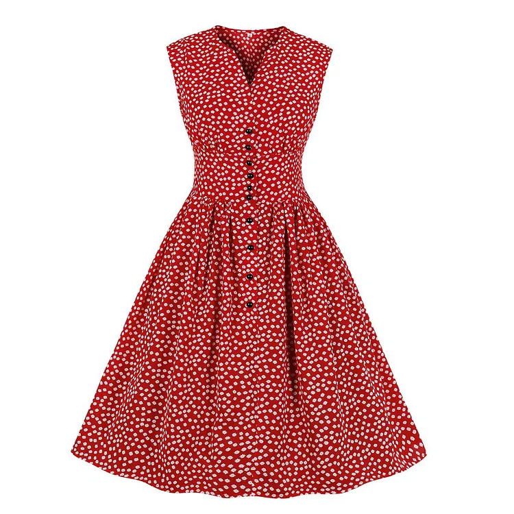 Mayoulove 50s Style Retro Floral Dresses Ladies Fashion Sleeveless V-neck Dress-Mayoulove