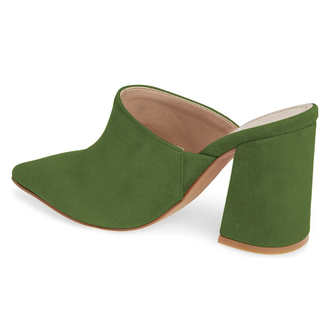 Green Vegan Suede Pointed Toe Heeled Slip On Women's Mules Shoes