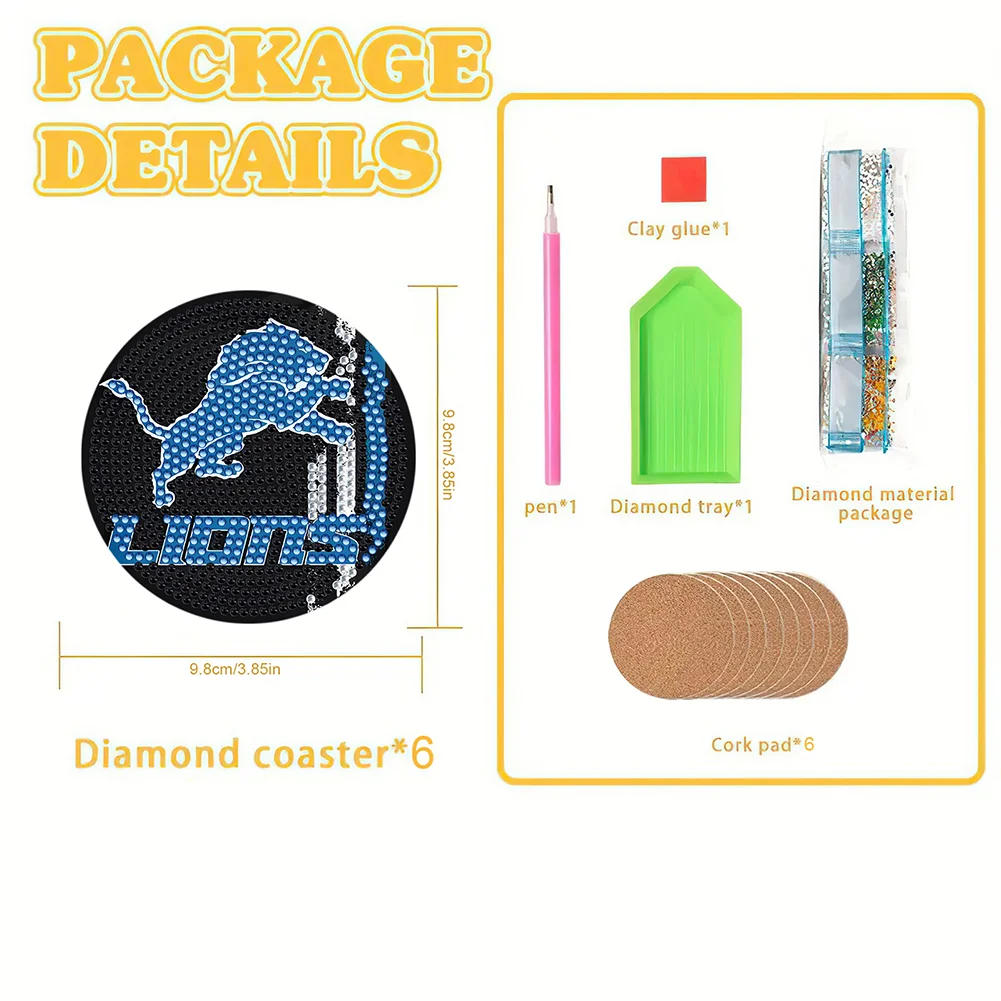 Detroit Lions 6pcs DIY Diamond Painting Acrylic Coasters Holder for Beginner Adult