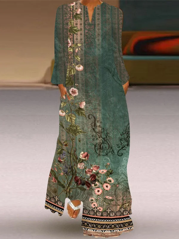 A-Line Long Sleeves Flower Print Pockets V-Neck Maxi Dresses