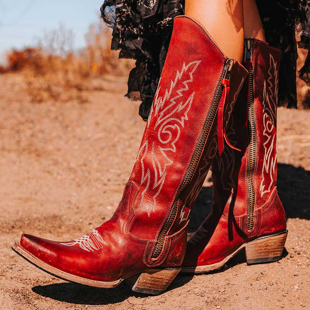 Maroon Snip Toe Embroidered Distressed Block Heel Cowgirl Boots