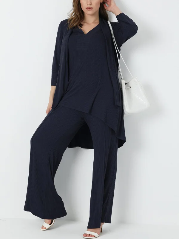 V-Neck Short-Sleeved T-Shirt Solid Color Top Trousers Three-Piece Suit