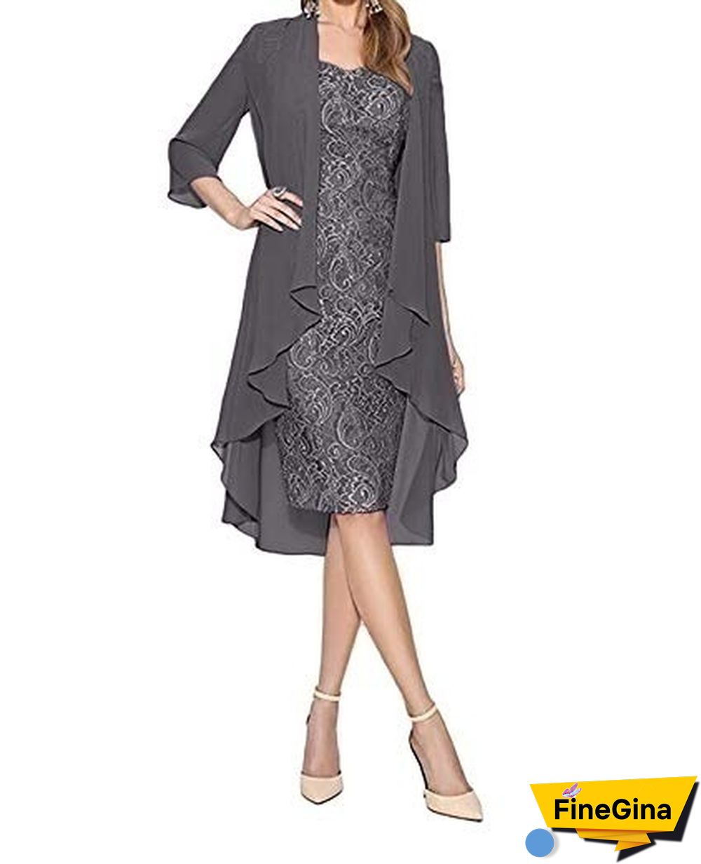 Fashion Women 2 Piece Set Dress Knee Length Lace Dress + Long Sleeve Irregular Cardigan Elegant Evening Dress Wedding Party Gown Plus Size Xs-5Xl