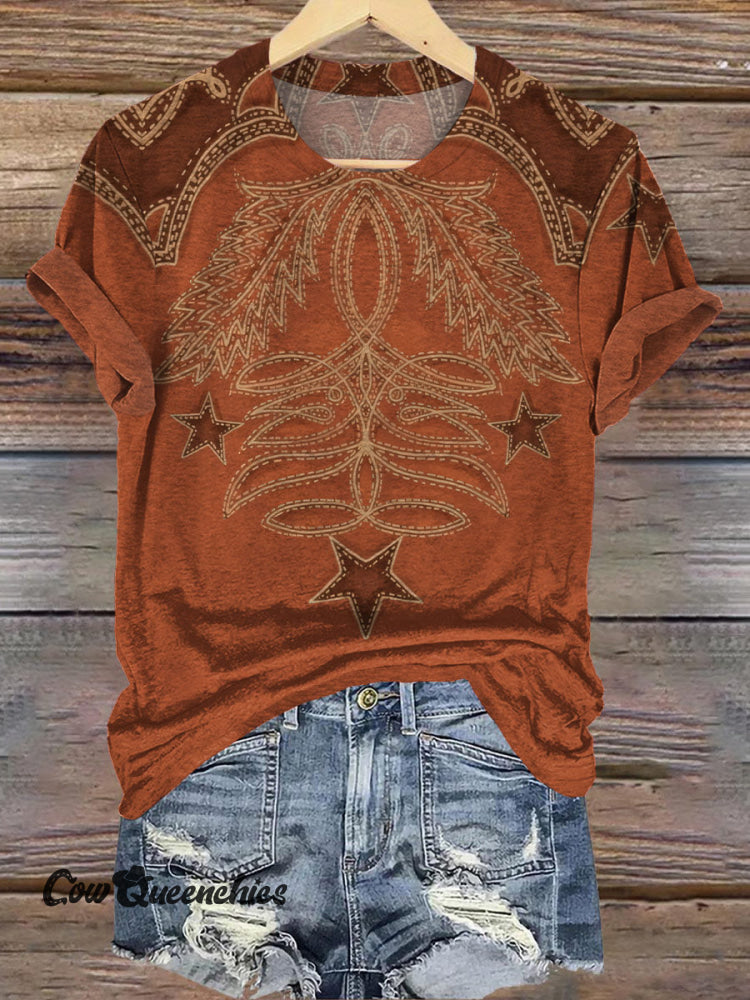 Cowboy Boot Stitch Print Casual T-shirt Orange / S