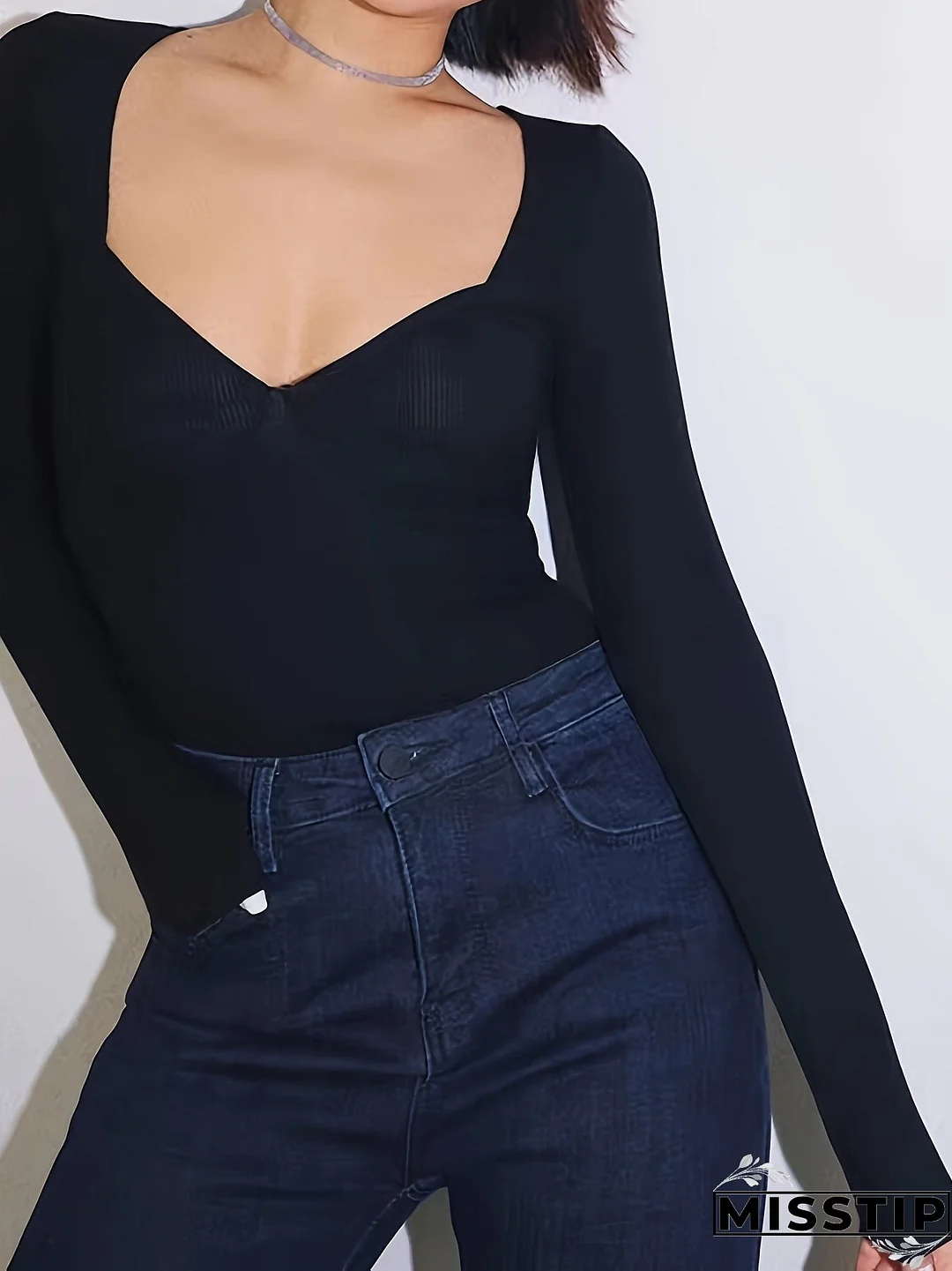 Sweetheart Neck Simple T-shirt, Casual Long Sleeve Slim Top For Spring & Fall, Women's Clothing