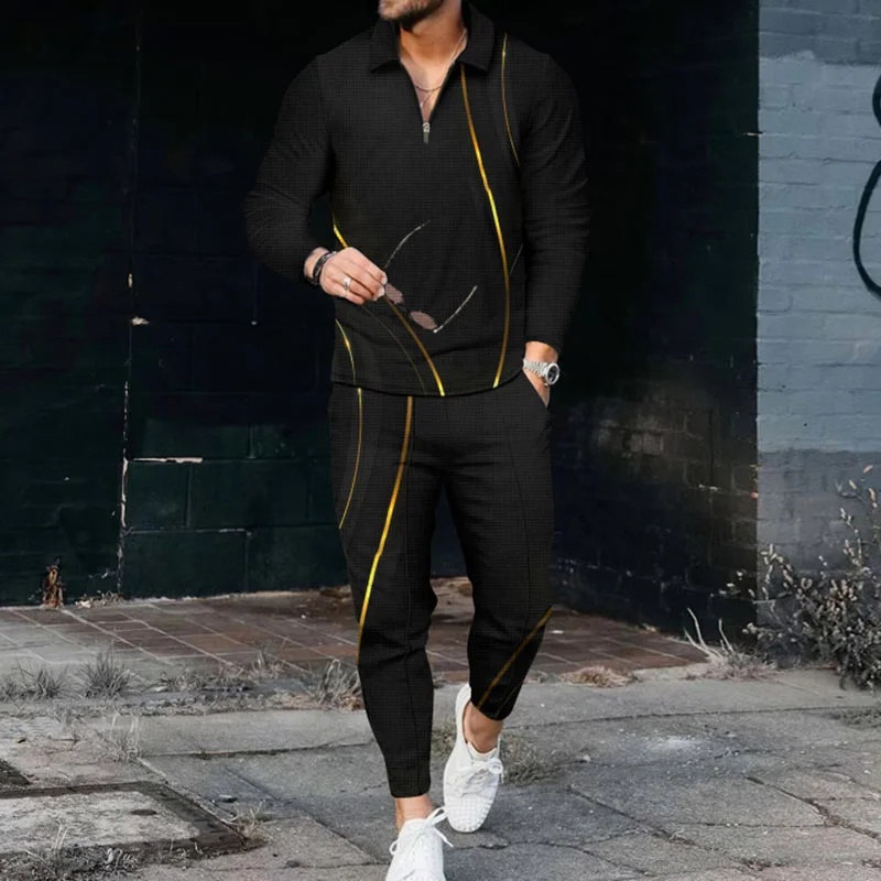Men's Line Polo Shirt And Pants Two Piece Set