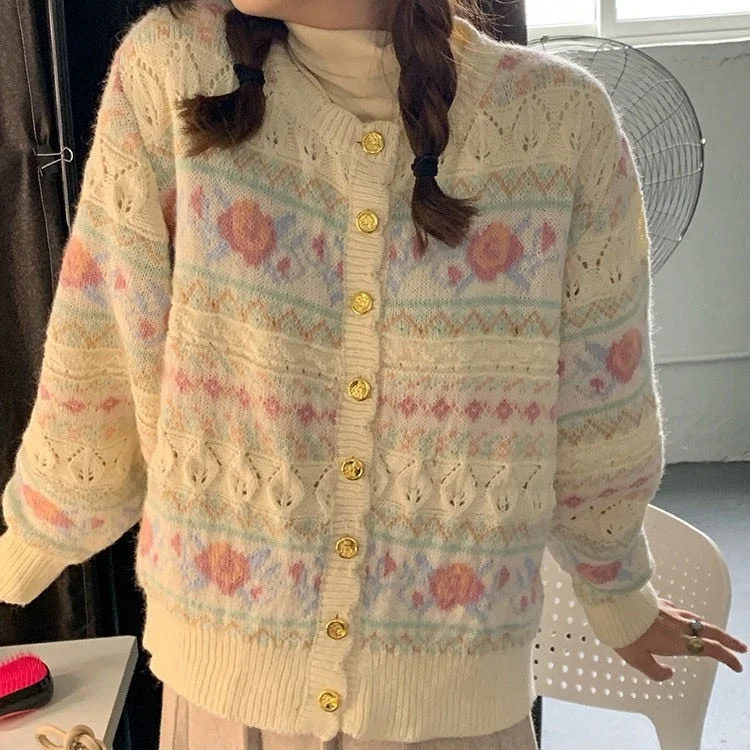 Syiwidii Vintage Sweater Woman Cardigan Tops Fall 2021 Korean New Knitted Jackets Single Breasted O Neck Long Sleeve Loose Coats