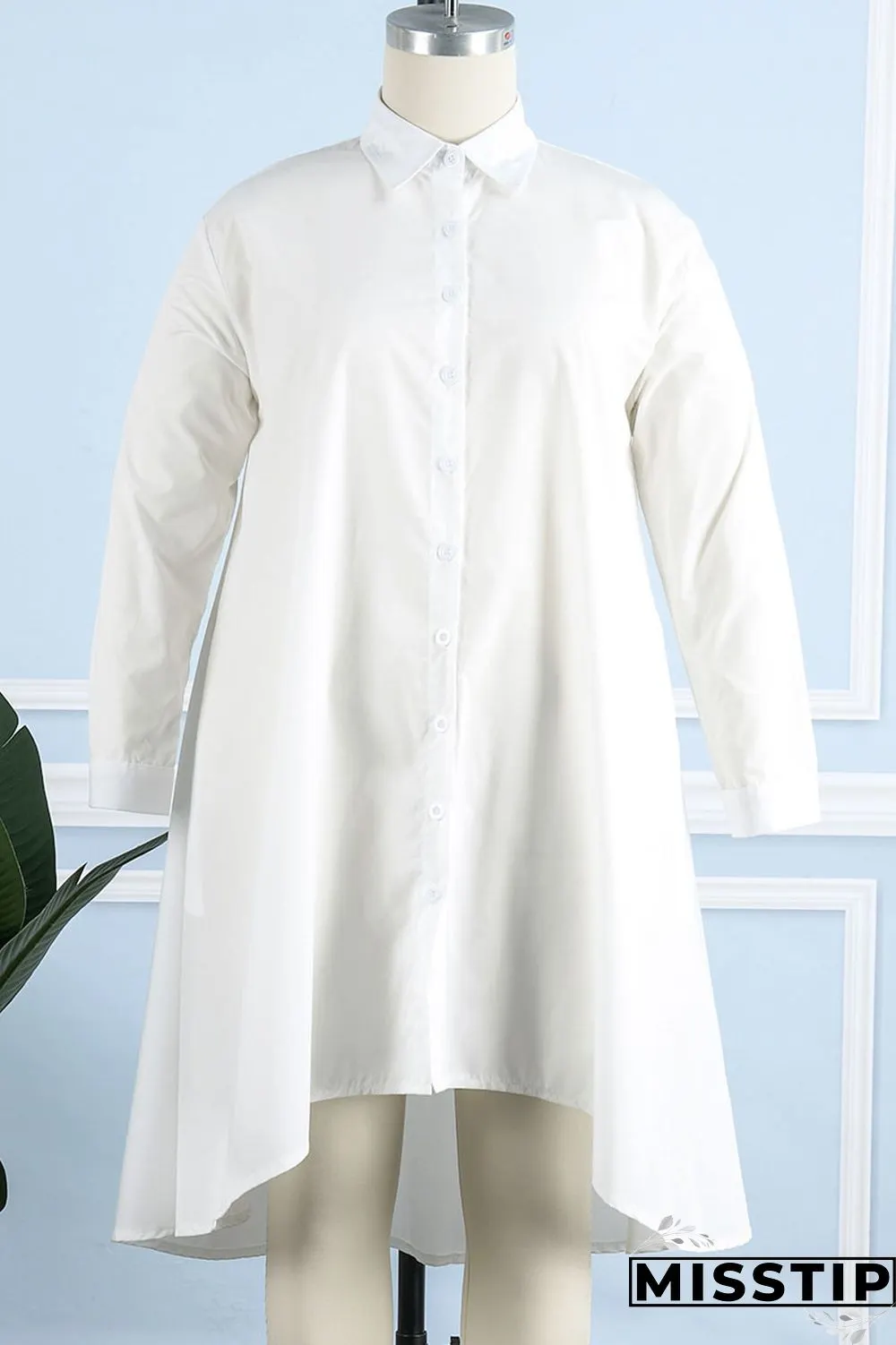 Purple Casual Solid Patchwork Buckle Asymmetrical Turndown Collar Shirt Dress Plus Size
