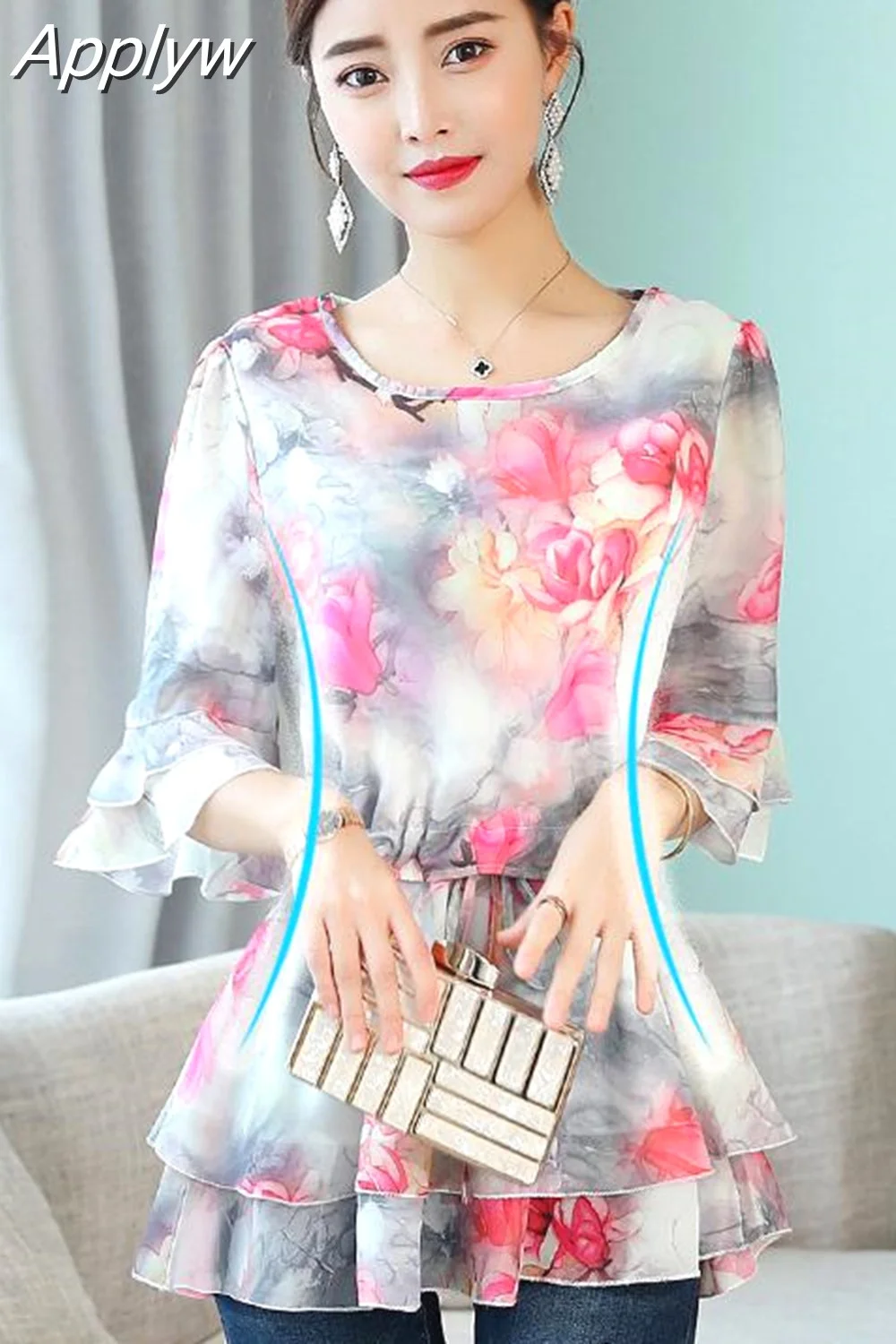 Applyw Chiffon Printed Tunic Blouses Women Flare Sleeve O-neck Ruffles Pullovers Tops Korean Casual Elegant Blusas