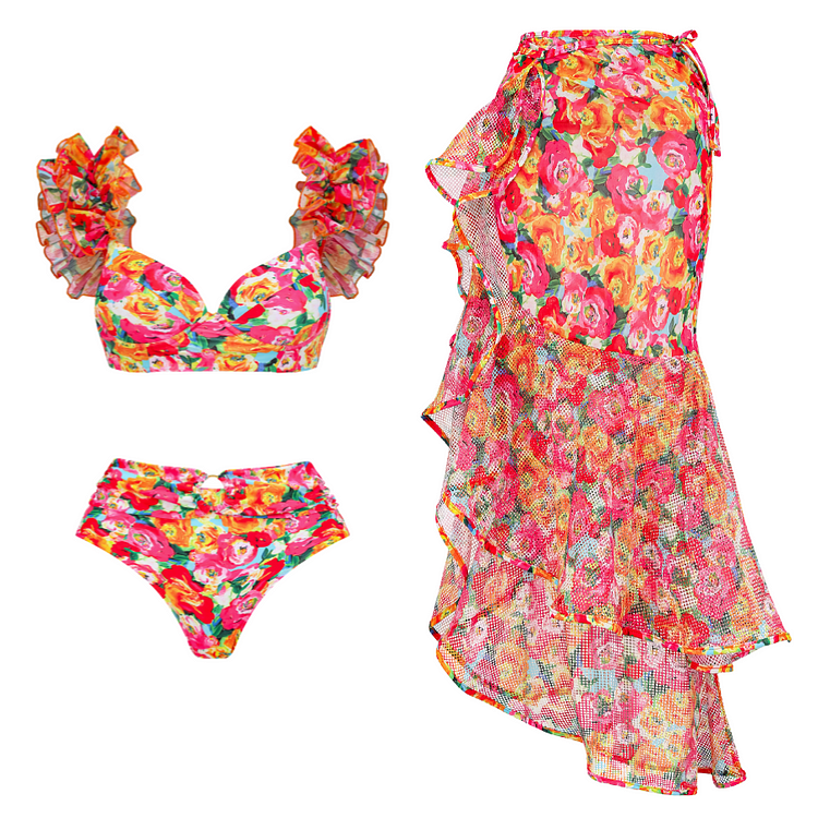 Ruffled Straps Floral Print Bikini Swimsuit and Skirt Flaxmaker