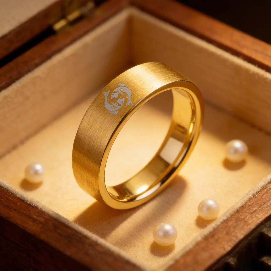 Pisces Tungsten Carbide Rings Gold Flat Wedding Band Comfort Fit Mens and Womens 4MM 6MM 8MM Width