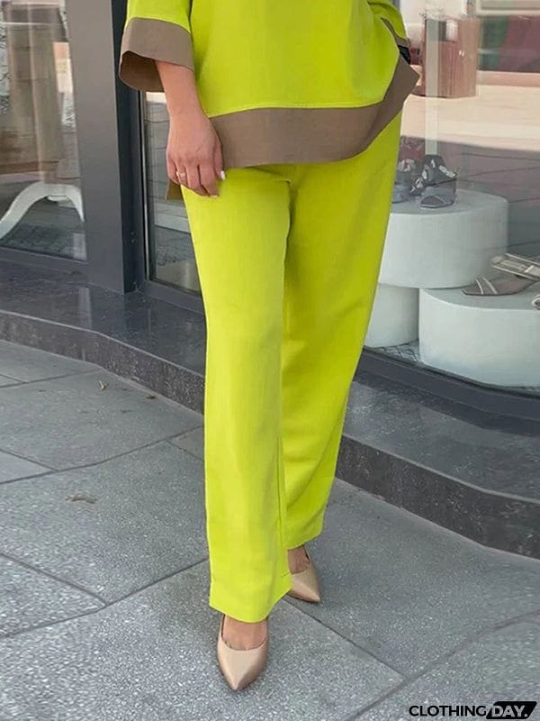 Loose Contrast Color Three-Quarter Sleeves Split-Side Round-Neck Shirts Top + Pants Bottom Two Pieces Set