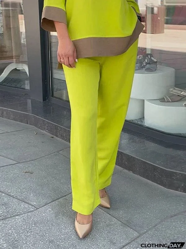 Loose Contrast Color Three-Quarter Sleeves Split-Side Round-Neck Shirts Top + Pants Bottom Two Pieces Set