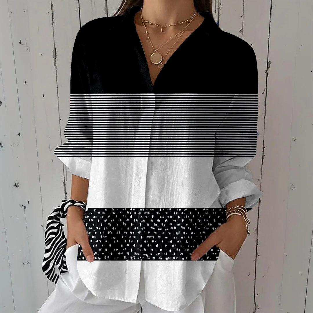 Style & Comfort for Mature Women Women Striped, Black, Ladynora DZCL0042 3/4 Sleeve Shirt Collar Printed Button Tops