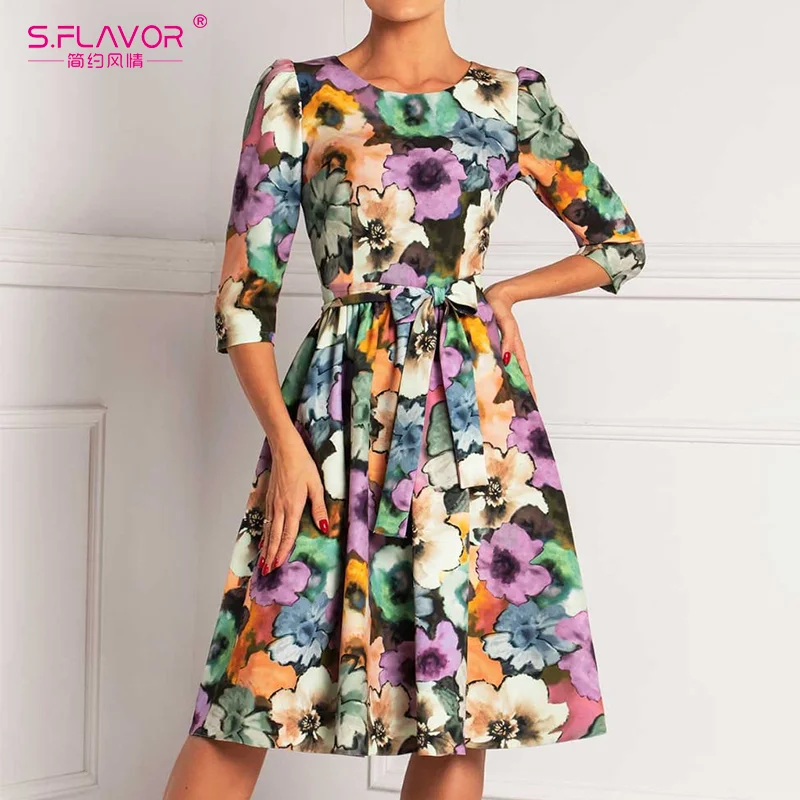 Jangj S.FLAVOR Women Vintage Midi Dresses New Autumn 3/4 Sleeve Floral Print A Line Party Vestidos Women Elegant O Neck Retro Dress