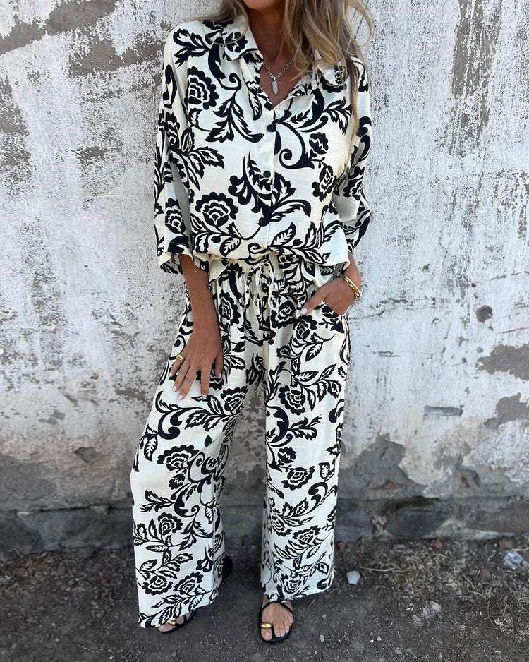 Lapel Long-sleeved Top and Pants Printed Two-piece Set