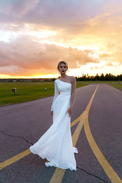 Chiffon Bohemian Wedding Dress Long Sleeve Princess Bridal Gowns with Slit