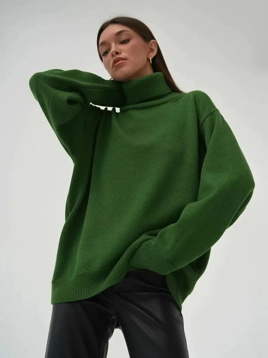 Sonicelife 2023 Autumn New Fall Outfits Basic Green Sweater For Women Pullovers Turtleneck Rose Red Winter Female Knitted Top Warm Soft Girl Baggy Sweaters