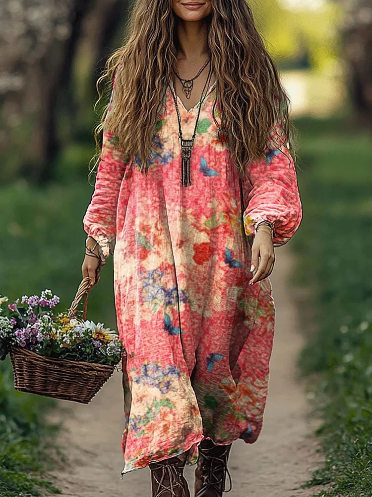 Women's Floral Butterfly Art Print Pocket Cotton V Neck Long Sleeve Dress