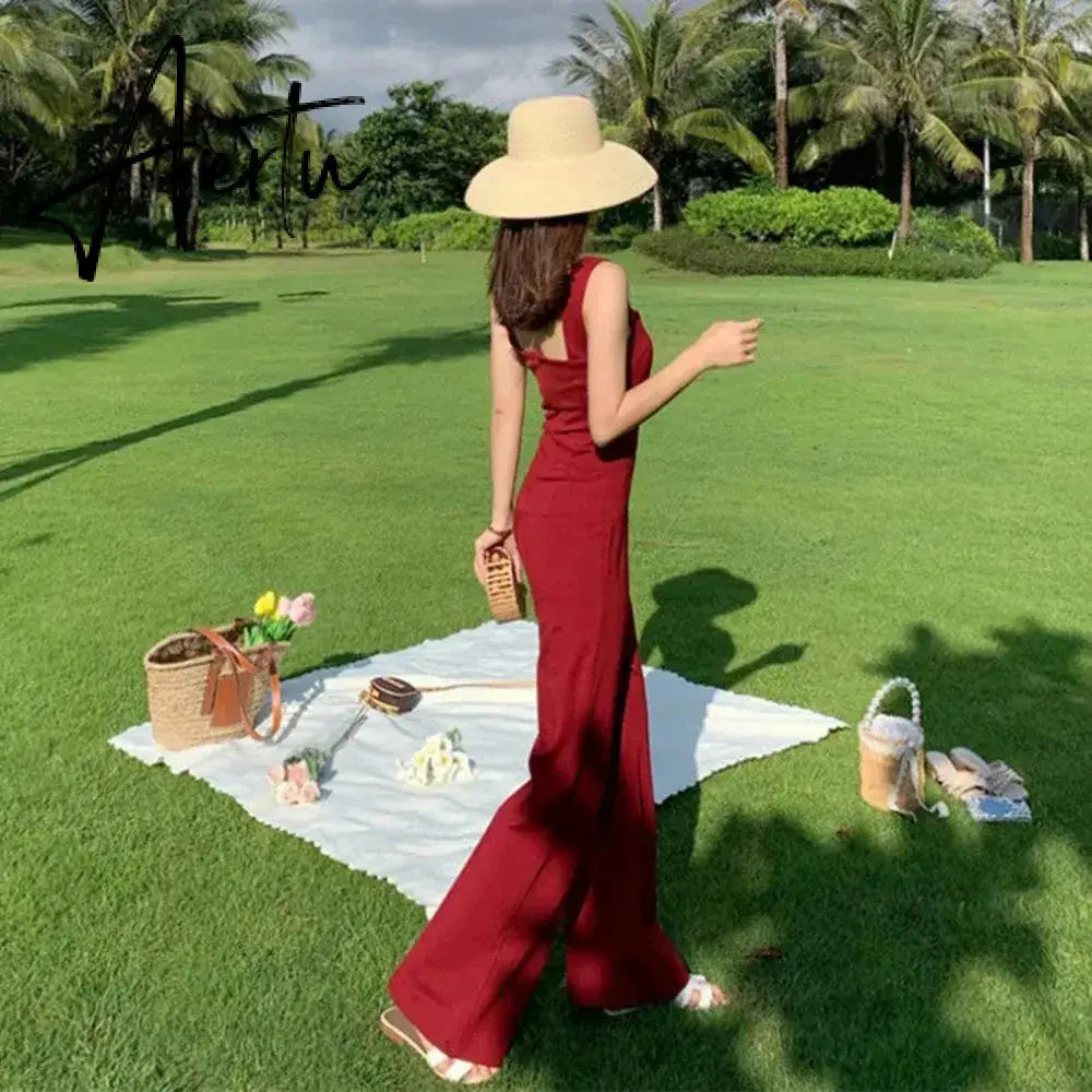 Aiertu Women Spaghetti Jumpsuits Long Summer Beach Backless Slim Wedding Rompers Black Office Lady Sexy Elegant Overalls Designer New Aiertu