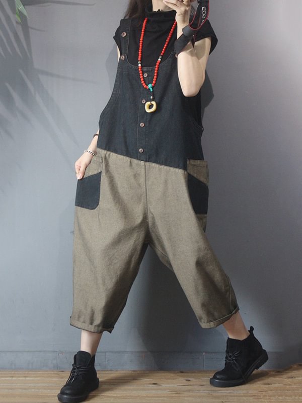 Retro Contrast Colors Patch Splicing Overalls