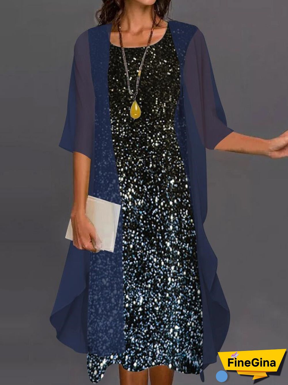Women's 3/4 Sleeve Scoop Neck Graphic Two-piece Midi Dress