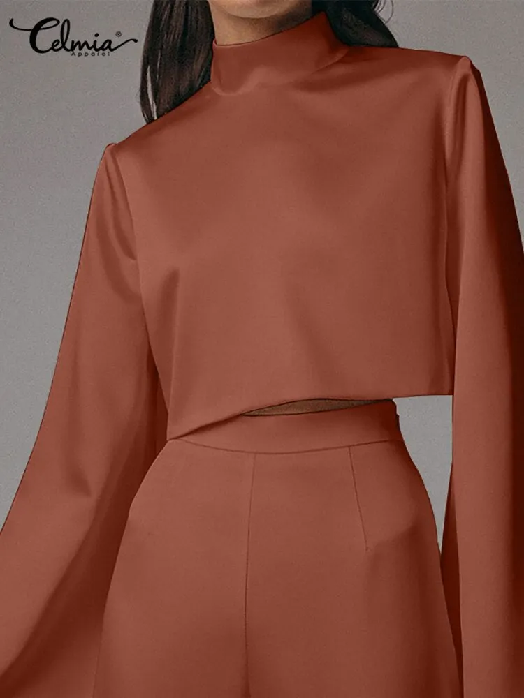 Celmia Women Solid 2 Pieces Sets Casual Satin Silk Suits Vintage Flare Long Sleeve Crop Tops Blouses and Wide Leg Long Pant Sets