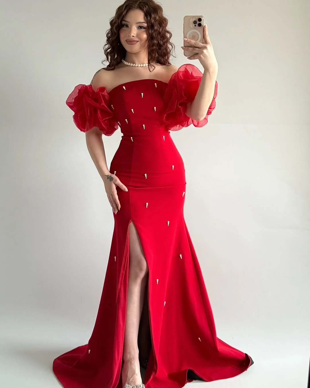 Luxury Red Split Off-The-Shoulder Mermaid Prom Dress YK0261