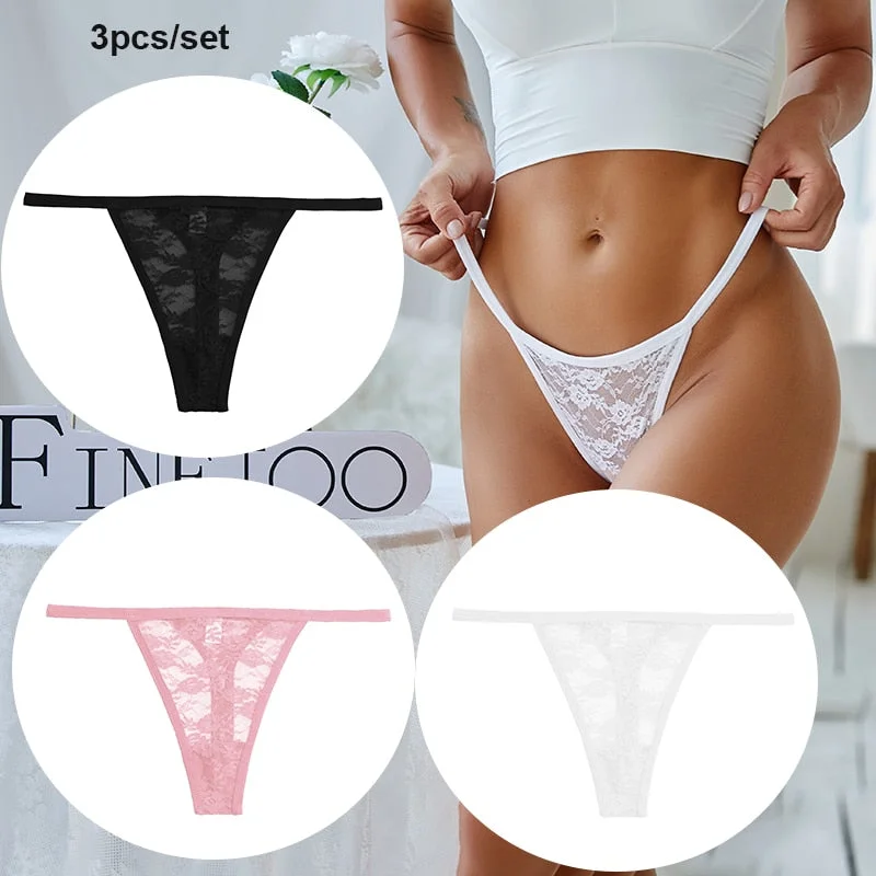 FINETOO 3PCS/Set Women Lace Sexy G-string Perspective Lingerie Temptation Panties Thong Underwear Panty Female Intimates M-XL