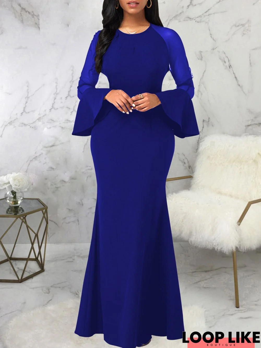 Mesh Fishtail Long Sleeve Formal Maxi Dress