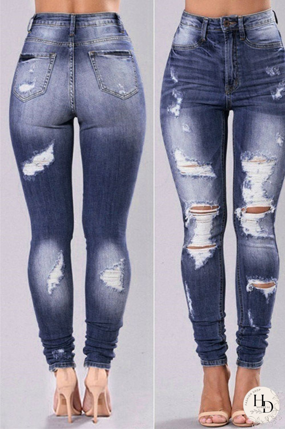 Dark Blue Denim Zipper Fly High Hole Old Zippered pencil Pants Bottoms