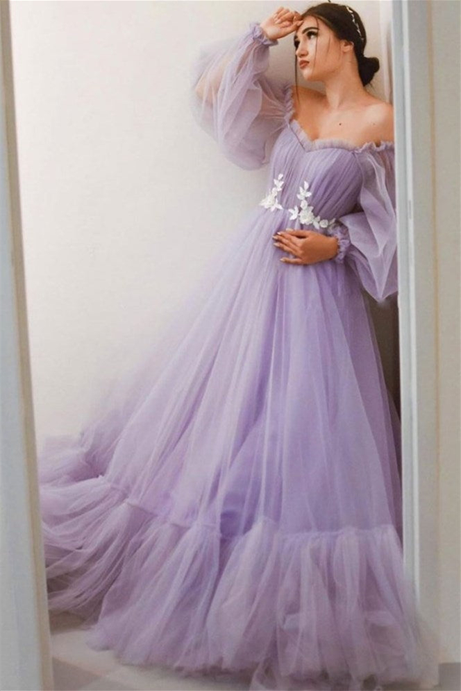 Dresseswow Long Sleeves Tulle Evening Dress Off-the-Shoulder Long
