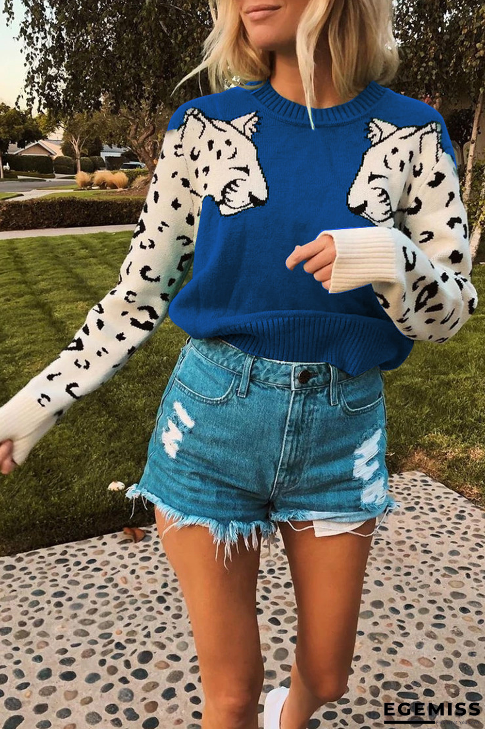 Blue Casual Fashion Leopard Print Elastic Sweater | EGEMISS