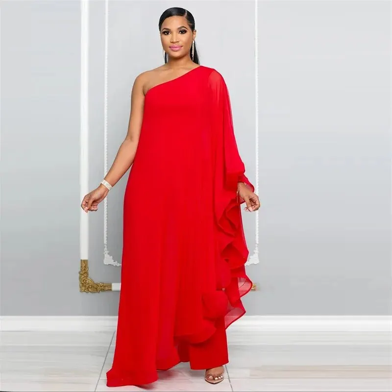 Brownm Chiffon One Shoulder Wide Leg Jumpsuit Women Night Party Birthday Outfits One Piece Romper Overalls Combinaison Femme