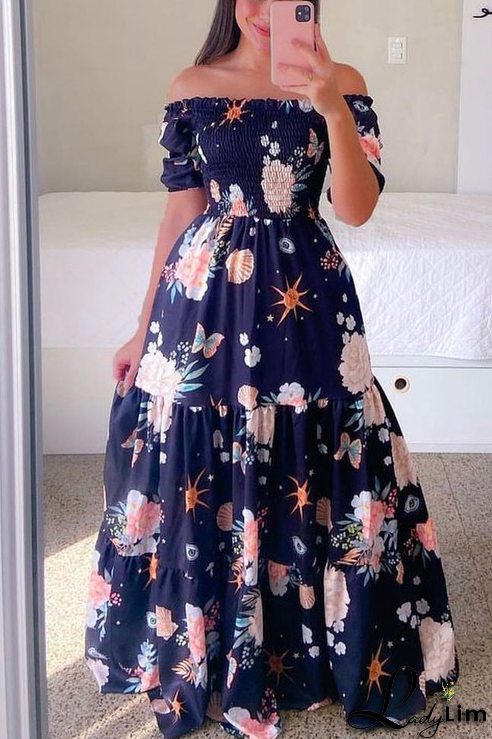 White Casual Sweet Print Split Joint Fold Off the Shoulder Printed Dress Dresses