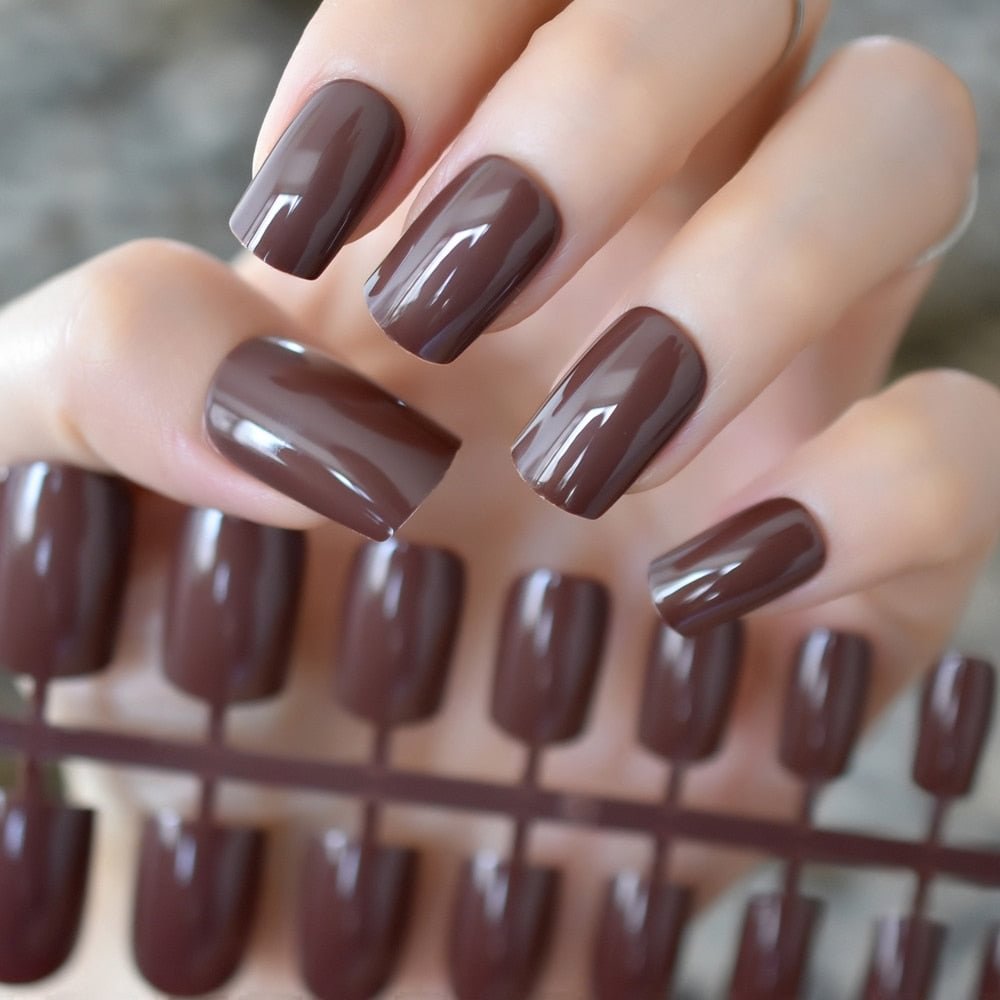 gel Square Faux ongles Dark Chocolate Brown Medium-long False Nails Cool DIY Manicure Tips 24pcs/kit