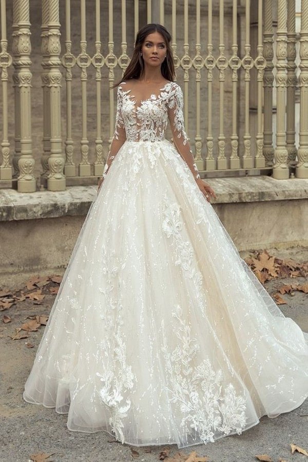 Elegant Long Sleeve Bateau Train A-Line Wedding Dress With Appliques Lace | Ballbellas Ballbellas