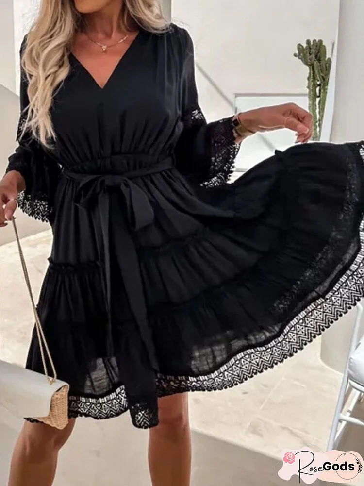 Fashion Lace Patchwork Mini Dress Lady Summer Elegant Seven Points Sleeve V-Neck Lace-Up Dress Women Casual Solid Big Hem Dress