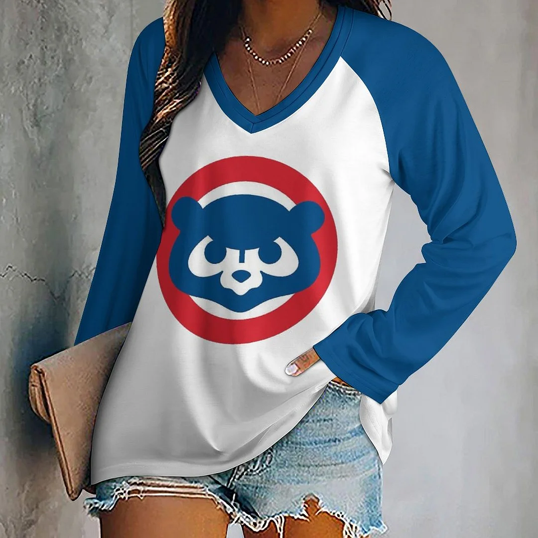 V-neck Long Sleeve Casual T-shirt for  Women and Men Printed with Pattern,Blue,Red
