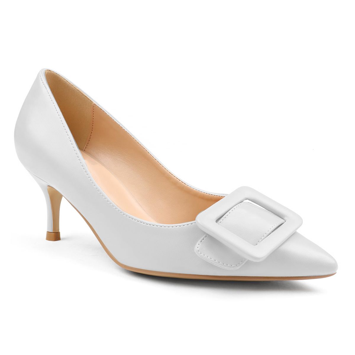 60mm Pointed Toe Square Buckle Decoration Kitten Heels Daily Pumps for Women Matte-MERUMOTE