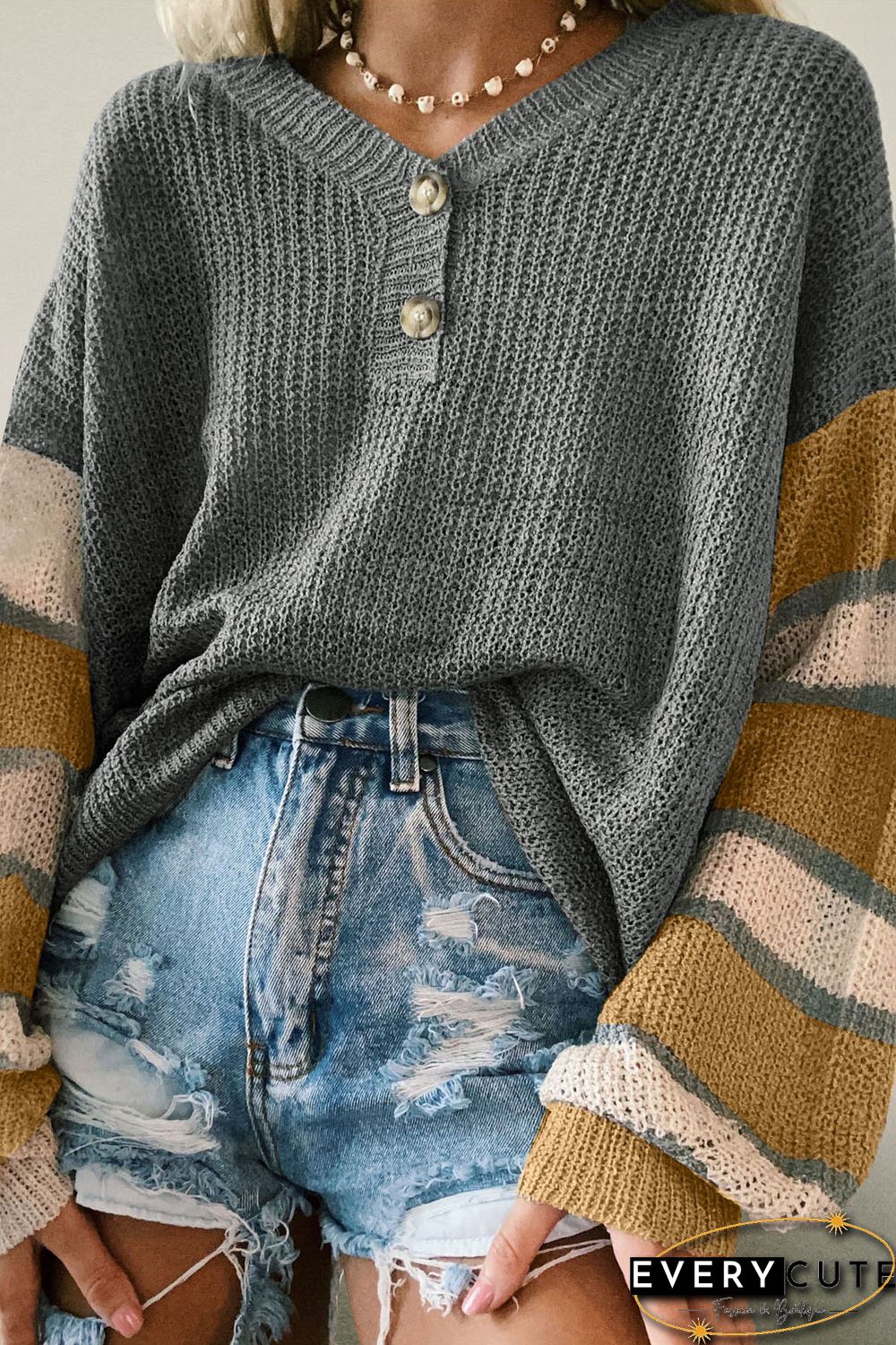 Gray Striped Raglan Sleeve Drop Shoulder Sweater
